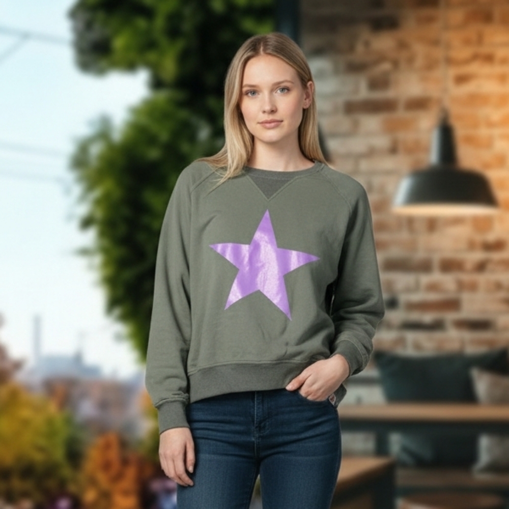 Sunshine Park Olive Green Star Sweatshirt Medium Side Zip Pullover Casual Street